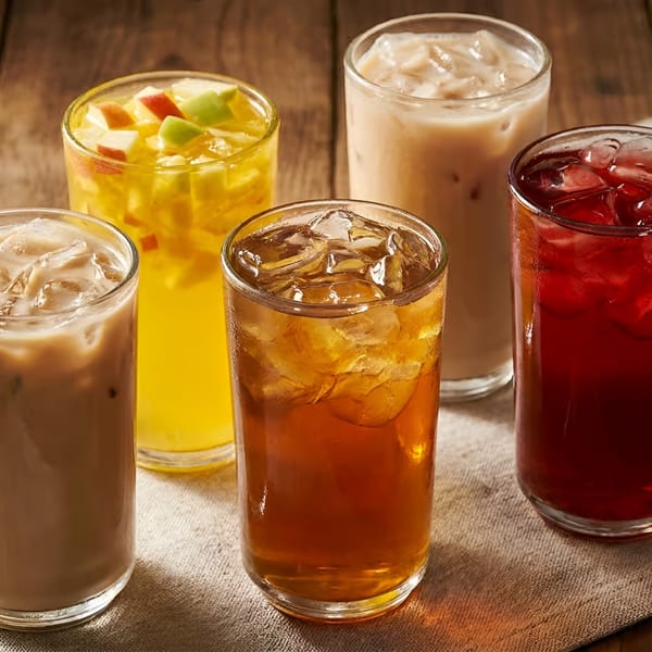 Five glasses of iced beverages, including coffee, tea, and fruit drinks, on a wooden table.